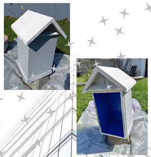 Front & back pics of library box in a sunny backyard after its exterior & interior have been painted.
