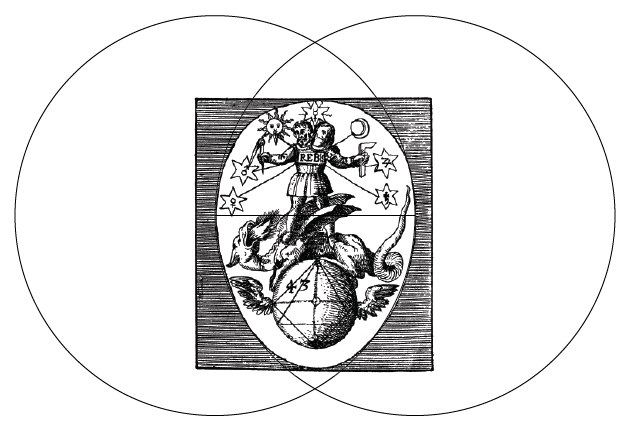 Alchemical Rebis as found in Heinrich Nollius's Theoria Philosophiae Hermeticae (1617) with Vesica Piscis overlay (Lori Tompkins, 2023)