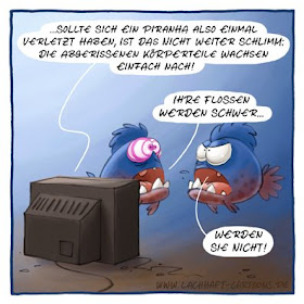 Piranhas Reportage Tiere Fernseher fernsehen TV Bericht Verletzung Unfall Hypnose hypnotisieren Flossen Cartoon Cartoons Witze witzig witzige lustige Bildwitze Bilderwitze Comic Zeichnungen lustig Karikatur Karikaturen Illustrationen Michael Mantel lachhaft Spaß Humor