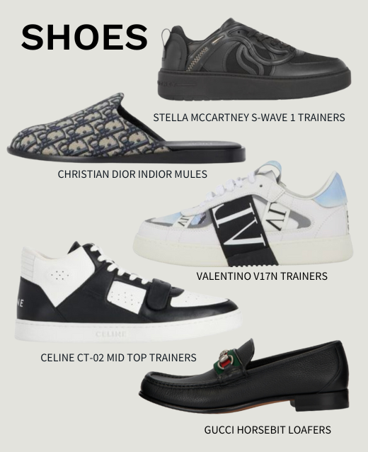 Collage of preloved designer shoes on platinum background. Shoes consist of Stella McCartney S-Wave 1 Trainers, Christian Dior Indior Mules, Gucci Horsebit Loafers, Valentino V17N Trainers and Celine CT-02 Mid Top Trainers