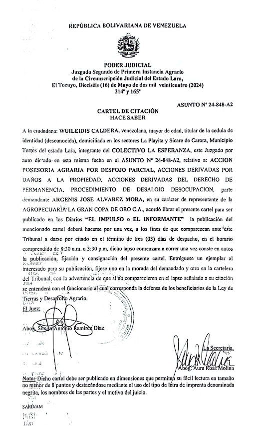 CARTEL DE NOTIFICACIÓN DE CITACIÓN al ciudadano: WUILDIS CALDENA, titular de la cédula de identidad Nº (DESCONOCIDA), ASUNTO Nº 24-848-A2