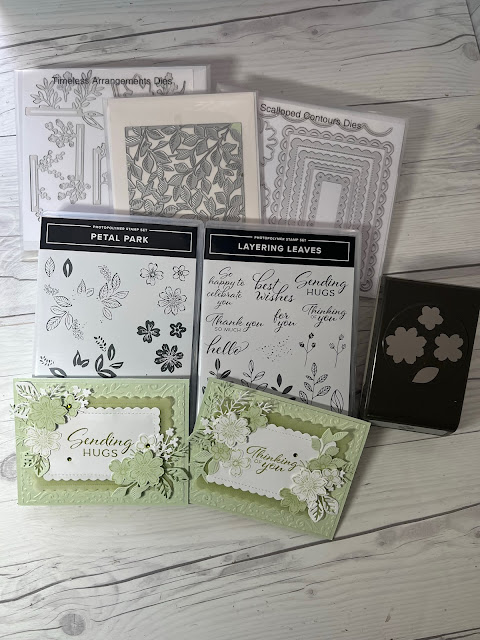Stamps dies and punches used to create floral greeting cards
