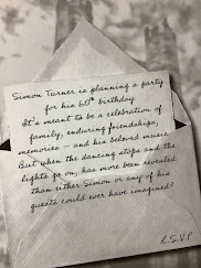 Blurb from the back of the book showing an invitation card to Simon Turner’s 60th birthday party and alluding to secrets to be revealed