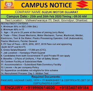 Suzuki Motors Guajat ITI Jobs Campus Interview in Deoli, Govindpur, Dhanbad.