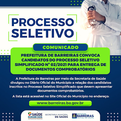 Prefeitura de Barreiras convoca candidatos inscritos no Processo Seletivo Simplificado na área da saúde para entrega de documentação   