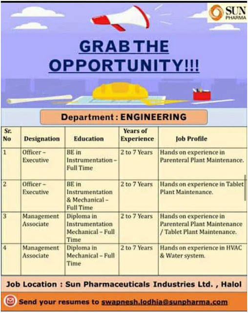 Sun Pharma Job Vacancy For Engineering Dept