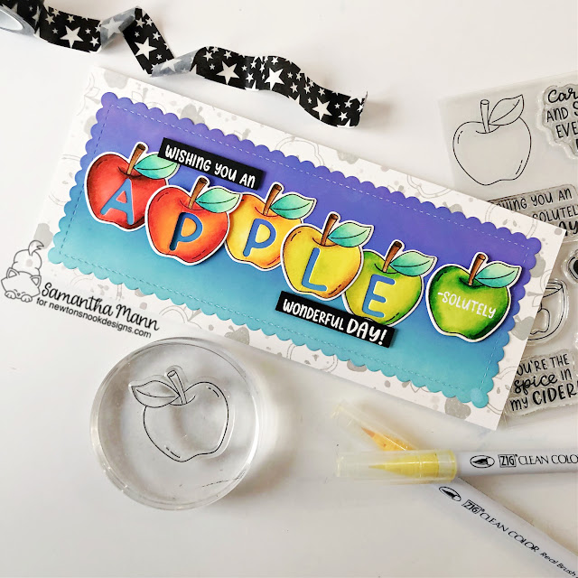 Apple Card by Samantha Mann | Autumn Apples Stamp Set, Essential Alphabet Die Set and Slimline Frames & Portholes Die Set by Newton's Nook Designs #newtonsnook #handmade