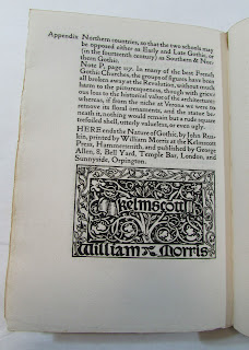 Colophon. John Ruskin. The Nature of Gothic (Hammersmith: Kelmscott Press, London, 1892) 