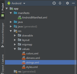 Letak file strings.xml pada Android Studio