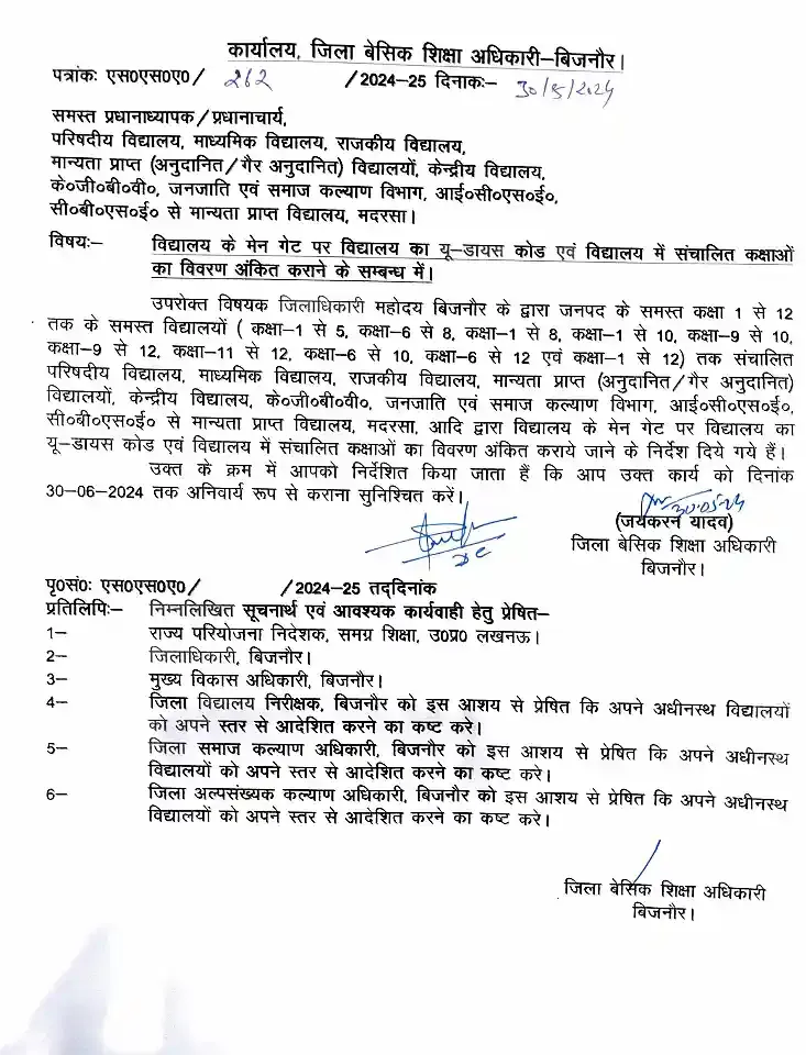विद्यालय के मेन गेट पर यू डायस कोड एवं संचालित कक्षाओं का विवरण अंकित कराने के संबंध में। Udise Code
