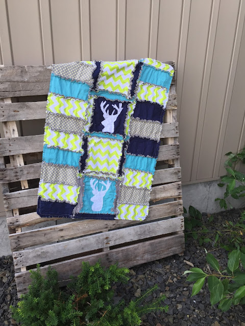 Stag Baby Blanket Rag Quilt in Lime Green, Gray, and Blue by A Vision to Remember