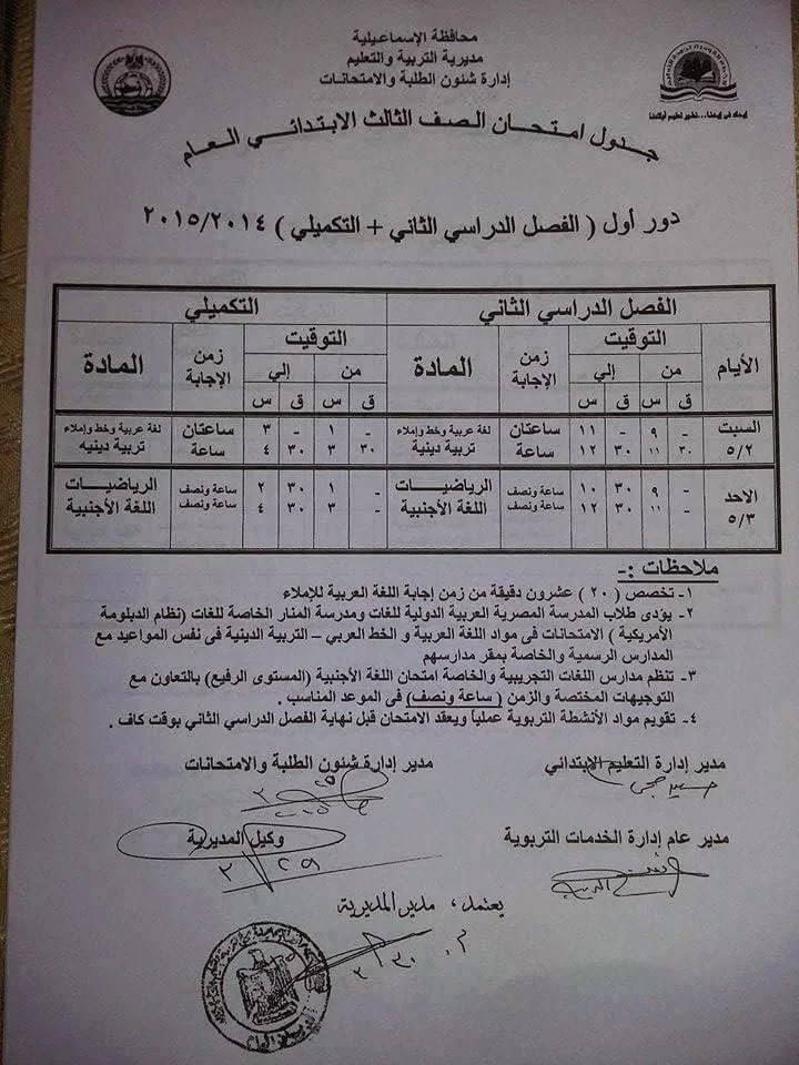 جدول امتحانات الشهادة الابتدائيه والاعداديه والثانويه (الترم الثانى) 2015 - محافظة الاسماعيليه