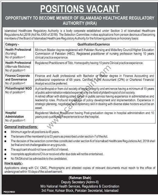 Islamabad Healthcare Regulatory Authority IHRA Latest Jobs in Islamabad April 2024