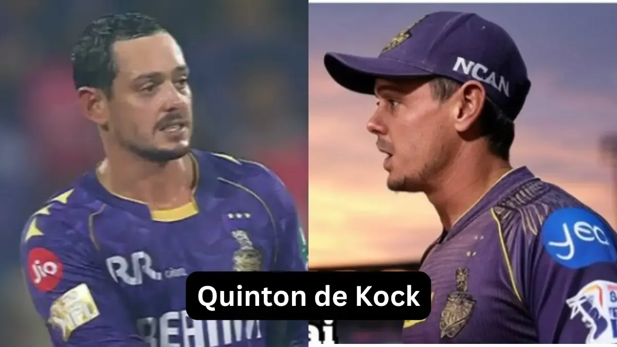 Quinton de Kock wearing the Kolkata Knight Riders (KKR) jersey, captured in two different angles during IPL