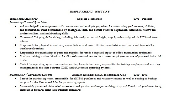 Inventory Control Specialist Sample Resume Format In Word