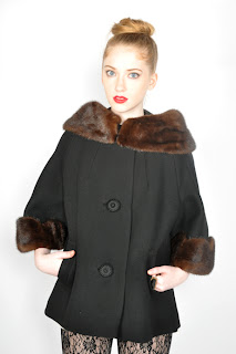 Vintage back wool cropped swing coat with brown mink collar and cuffs.