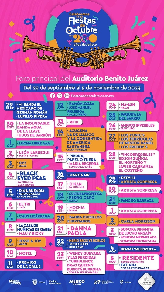 Cartelera de artistas para el Foro Principal Fiestas de Octubre 2023 en Guadalajara