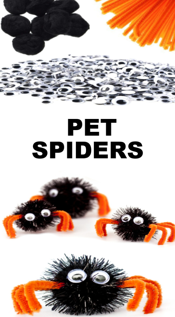 Make pet spiders using pom poms and hot glue.  How cute is this Halloween craft for preschool? I love it! #spidercraft #spidercraftspreschool #spidercraftsforkids #spiderart #spiderartpreschool #spideractivitiesforpreschool #halloweencrafts #halloweenactivityforkids #growingajeweledrose #activitiesforkids