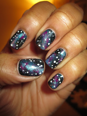 Galaxy nails, nerd art, stars, nebulas, sponge, sponging, nail art, nail design, mani