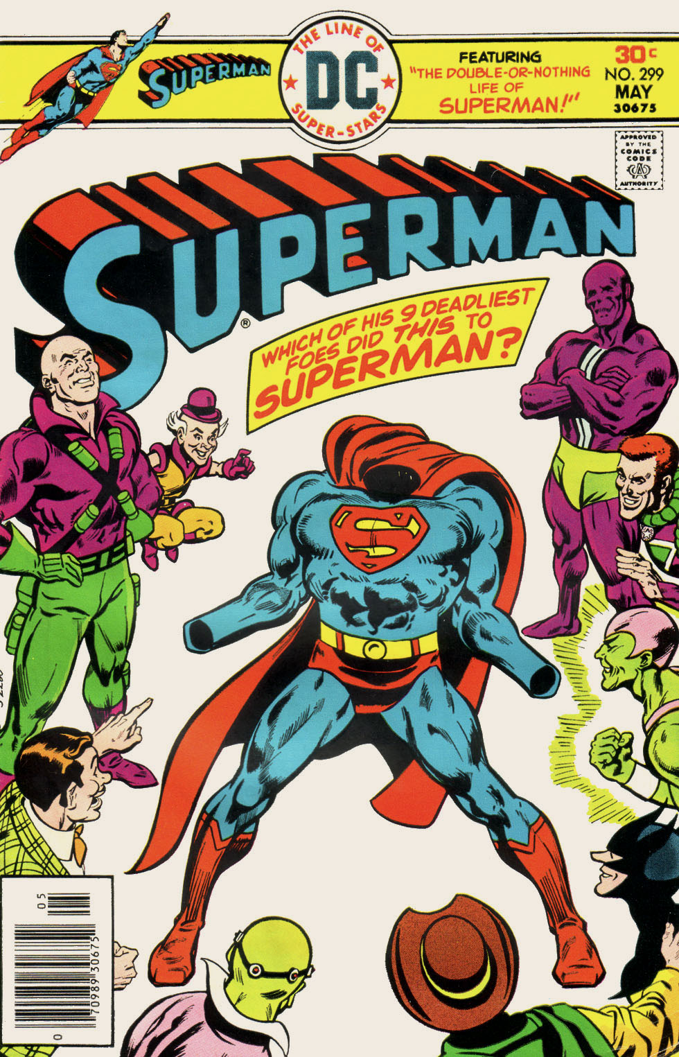 Lex Luthor, Mxyzptlk, Parasite, Amalak, Brainiac, and other villains, most in shades of purple and green, surrounding empty but filled-out, muscular suit of Superman