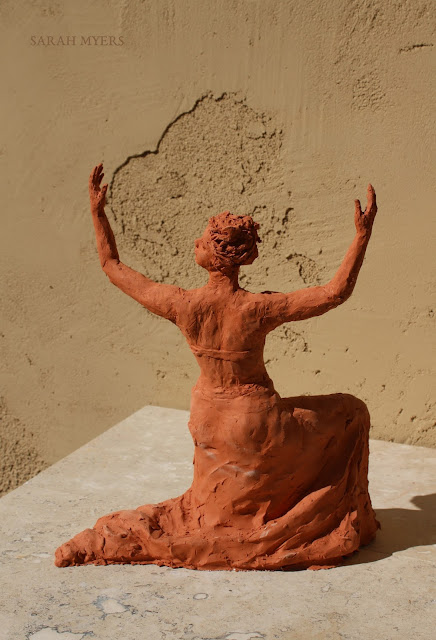 sculpture, terracotta, kneeling, woman, sarah, myers, red, clay, dance, figure, arte, escultura, figurative, classic, human, lady, poise, earthenware, orange, flowers, back