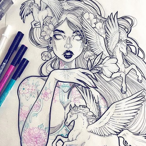 Illustrations Of Fantasy-Inspired Tattooed Girls By Gwen D'Arcy