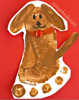 image Brown footprint puppy with red collar heel iid head with black marker face and ears and tail added with brown paint