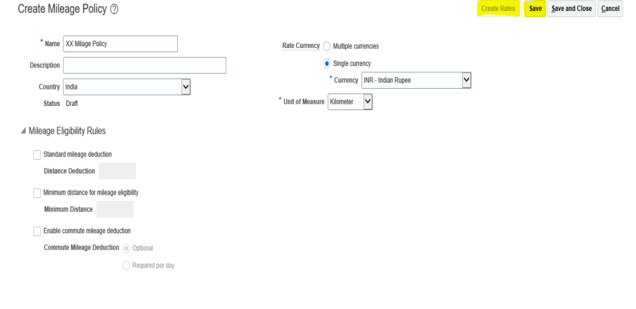 How to define mileage Policy in Oracle Fusion Expense Implementation