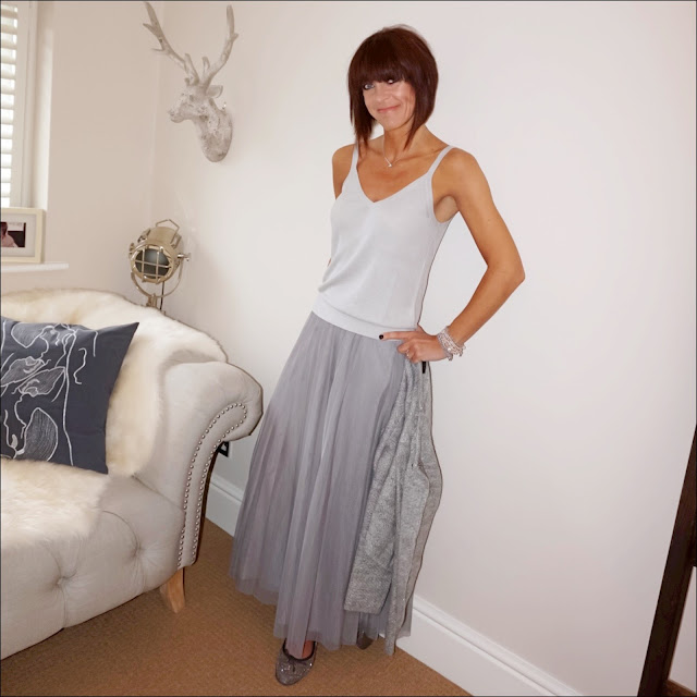My midlife fashion, marks and spencer mesh maxi skirt, hm knitted vest top, sparkly ballet pumps