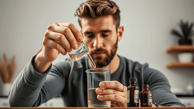 A man carefully measuring and mixing oils in a small glass beaker, with a focused expression. Focus on the precision and artistry of DIY grooming.