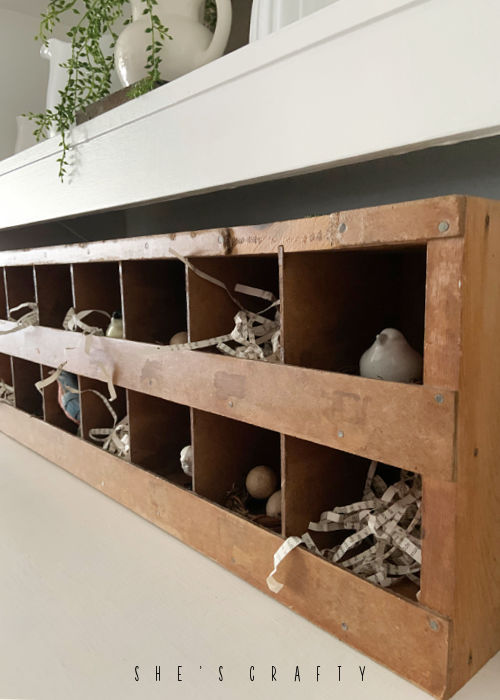 Birds displayed in cubby with book page paper shred.