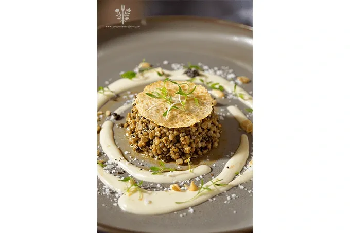 Mushroom Duxelles with Parmesan Crisp plated with truffle oil, crème fraîche smears, microgreens, and toasted pine nuts on a white dish.