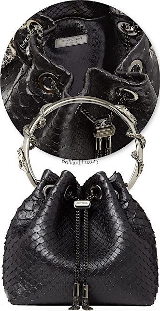 ♦Jimmy Choo black python Bon Bon bag with snake-embellished bracelet top handle #jimmychoo #bags #brilliantluxury