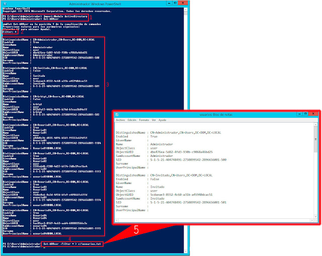 Windows 2012 PowerShell: Listar usuarios de Active Directory a un archivo de texto - Get-ADUser -Filter * > c:\usuarios.txt