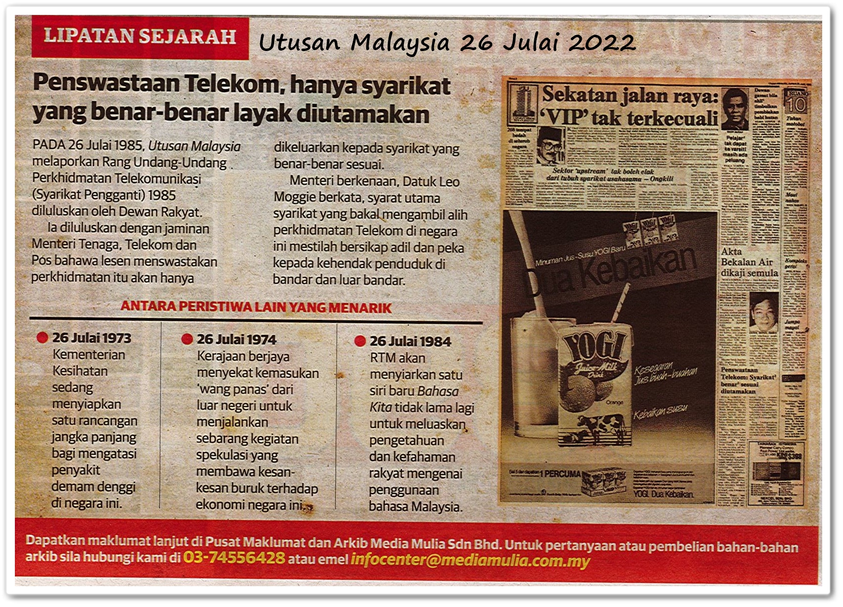 Lipatan sejarah 26 Julai - Keratan akhbar Utusan Malaysia 26 Julai 2022