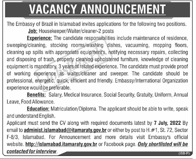 Jobs in Embassy of Brazil Islamabad 2022