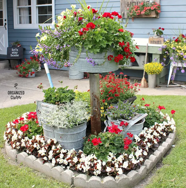 2019 Annual Junk Garden Tour #junkgarden #annuals #perennials #containergarden #galvanized #garagesalefinds #thriftshopmakeover #vintage #outdoordecor #stencil