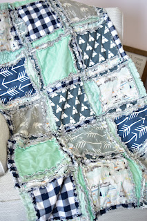 navy blue, mint, gray bear crib bedding and baby boy rag quilt for outdoor nursery