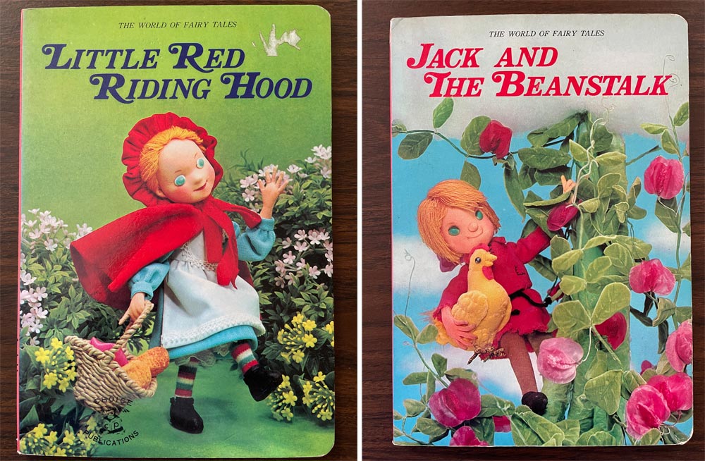 Book covers of Little Red Riding Hood and Jack and the Beanstalk from The World of Fairy Tales series by Froebel-Kan featuring photographs of puppets to retell classic fairy tales