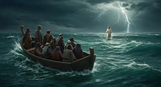 Jesús está caminando sobre el tormentoso mar de Galilea hacia sus discípulos.