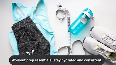 A flat lay of workout essentials, featuring a water bottle and gear, promoting hydration and commitment to fitness.