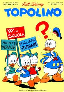 Topolino 775 - 4 Ottobre 1970 | ISSN 1120-611X | CBR 215 dpi | Settimanale | Fumetti Classici | Universo Disney
Numero volumi : IN CORSO
Topolino apparve in Italia il 30 marzo 1930, quando sul n.13 del settimanale torinese Illustrazione del Popolo, diretto da Lorenzo Gigli, fu pubblicata la prima striscia disegnata da Ub Iwerks e intitolata Le avventure di Topolino nella giungla. Due anni dopo si ha il primo libro illustrato italiano con le sue immagini: Sua Altezza Reale il Principe Codarello e, poco più tardi, il 31 dicembre 1932, esce il primo numero di Topolino in formato giornale, edito da Nerbini.
Sulla falsariga del celebre Corriere dei Piccoli, anche Topolino si presentava ai lettori con periodicità settimanale e si apriva con una breve storia in cui le didascalie sono scritte in rima e realizzata da Giove Toppi, che divenne quindi il primo autore Disney italiano. Sul settimanale della Nerbini, comunque, trovano spazio soprattutto le strisce e le tavole realizzate da Floyd Gottfredson. In queste storie vengono anche introdotte delle didascalie in rima, scritte dal primo direttore della rivista, Paolo Lorenzini (detto Collodi Nipote in quanto nipote di Carlo Collodi), e viene anche assegnato il nome definitivo alla spalla di Topolino, ovvero quel Pippo un po' lunatico e un po' svampito che sui libri della Salani veniva ancora chiamato Medoro.
Nerbini non si era assicurato correttamente i diritti di pubblicazione: quando aveva varato la sua rivista, infatti, si era rivolto al Consorzio Cinematografico E.I.A., il distributore dei cortometraggi di Topolino, quando in realtà i diritti per le riviste erano stati dati in mano al giornalista Guglielmo Emanuel dallo stesso Disney. Per cui, per un paio di numeri, la testata passò da Topolino a Topo Lino, per poi riprendere la nota testata con il n.7. Il Topolino Giornale era formato da otto pagine e non conteneva solo storie a fumetti Disney ma anche storie non-Disney che anzi erano di solito la maggioranza delle storie presenti in un numero.
Il numero 137 del Topolino Giornale, dell'11 agosto 1935, segna il passaggio di consegne da Nerbini alla Mondadori. Il fascismo, tuttavia, causò dei problemi al giornale. Dal 1938, il Min.Cul.Pop. (Ministero della Cultura Popolare) impone alla stampa di non editare più i protagonisti del fumetto popolare americano. Il solo Topolino è risparmiato, e così il suo logo e il suo personaggio possono continuare ad esistere nelle edicole italiane, ma in piena seconda guerra mondiale, a partire dal n.476 del 27 gennaio 1942, anche il settimanale è costretto a cedere alle restrizioni. Lo sostituisce Tuffolino, un ragazzetto dalle medesime caratteristiche fisiche, disegnato dal grande illustratore Pierlorenzo De Vita. Con la fine del fascismo, le avventure di Topolino poterono di nuovo essere pubblicate.
Alla fine degli anni quaranta, però, i giornali a fumetti che pubblicavano storie a puntate di non più di due tavole ad episodio erano irrimediabilmente in crisi, e così lo stesso Topolino, le cui vendite erano di gran lunga calate rispetto al periodo d'oro. Mondadori, però, non poteva rinunciare alla rivista da edicola per non perdere i ricchi diritti delle pubblicazioni da libreria, così decise un doloroso ma necessario cambio di formato e periodicità. Nel 1949 nasce così il periodico a fumetti Topolino formato libretto, all'inizio con cadenza mensile, quindi quindicinale e, infine, settimanale, fino a giungere a oggi al suo sessantesimo anniversario e con oltre 3000 numeri usciti, ricchi di storie tra le più famose, con autori da Carl Barks a Romano Scarpa, da Floyd Gottfredson a Giovan Battista Carpi e così via.