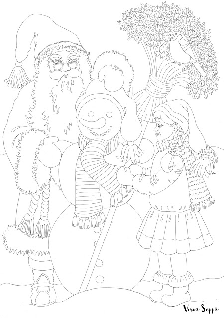 A coloring page of Santa Claus making a snowman, with the help of a Christmas elf / Värityskuva Joulupukista tekemässä lumiukkoa tontun avustamana