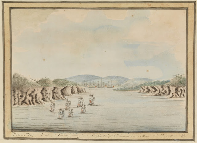 `Botany Bay. Sirius & Convoy going in : Supply & Agents Division in the Bay. 21 Janry 1788' William Bradley