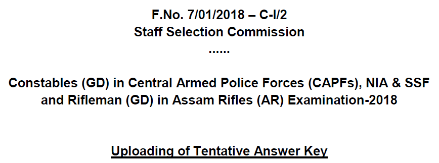 SSC GD Constable Exam 2018 Answer Key