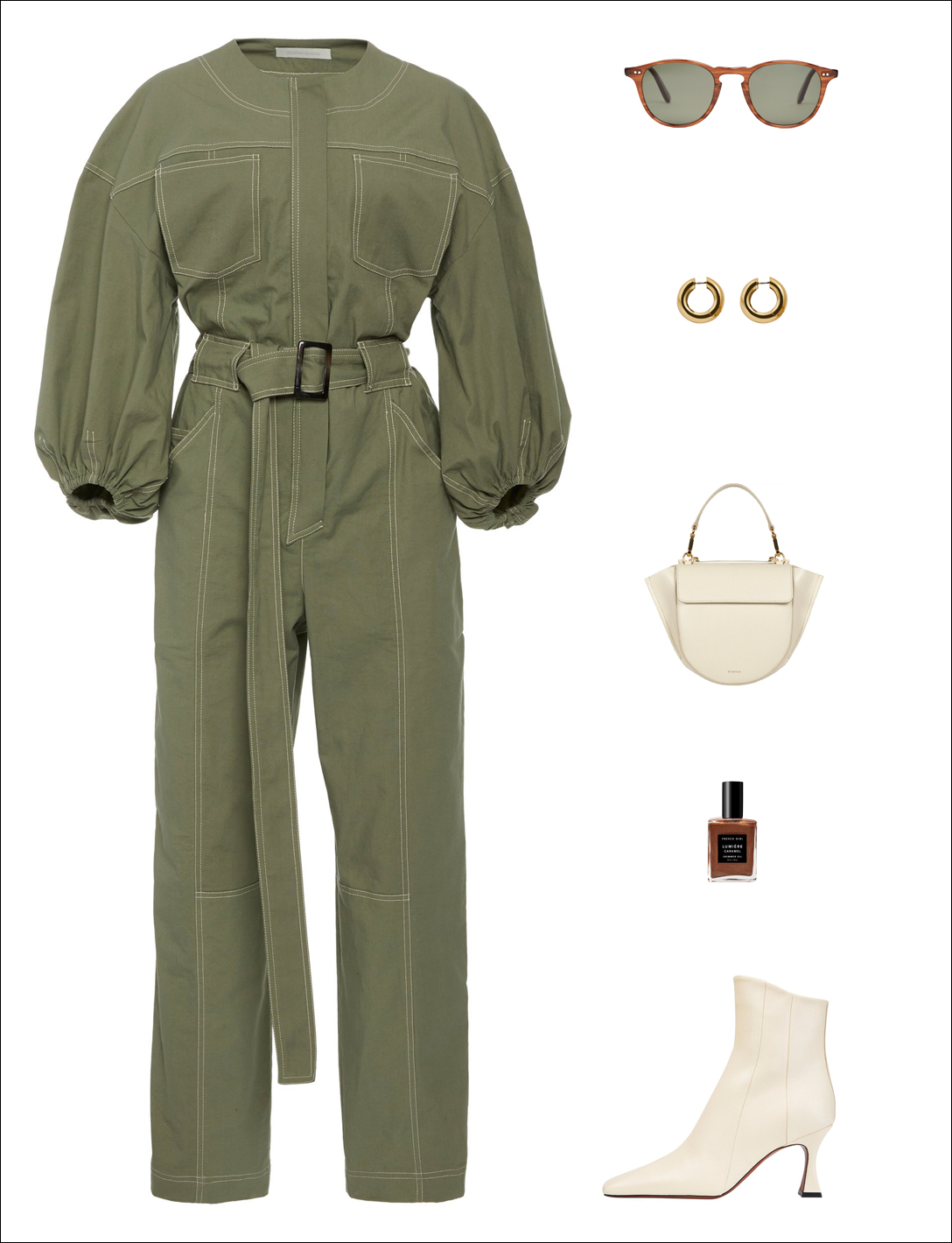 How to Wear a Statement Jumpsuit for Fall — Green Puff-Sleeve Jumpsuit, Hoop Earrings, White Mini Bag, and White Ankle Boots