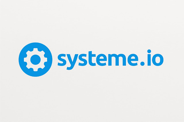 Systeme.io logo in blue color with gear icon – all-in-one marketing automation platform