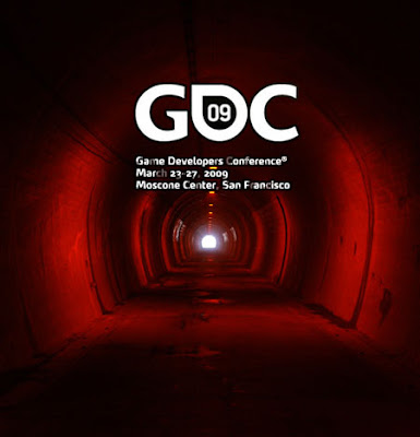 Image of a long foot-tunnel swathed in deep red light with bright white light at its end. Text reads: Game Developers Conference. March 23-27, 2009. Moscone Centre, San Francisco.