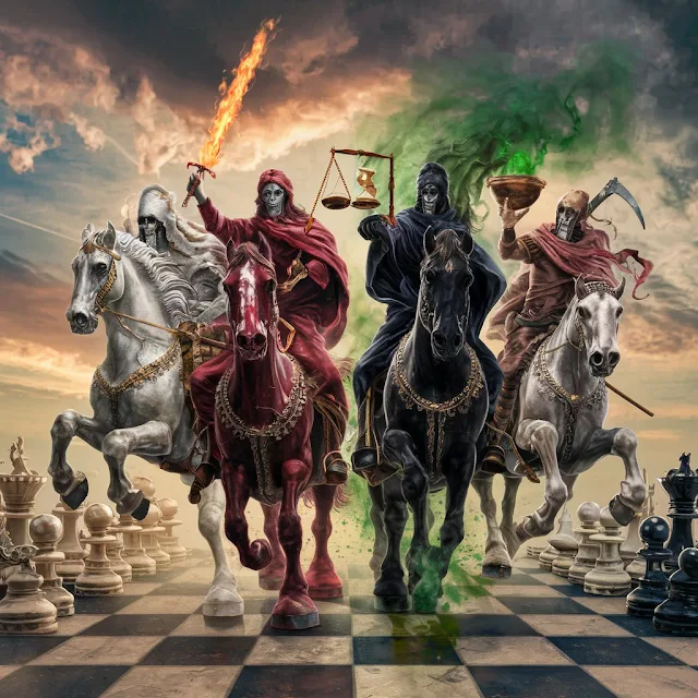 This striking digital artwork depicts the four horsemen of the apocalypse riding across a surreal chessboard landscape, symbolizing the intensity and drama of the Caro-Kann Apocalypse Attack variation. The powerful imagery underscores the game's high stakes and strategic intrigue.