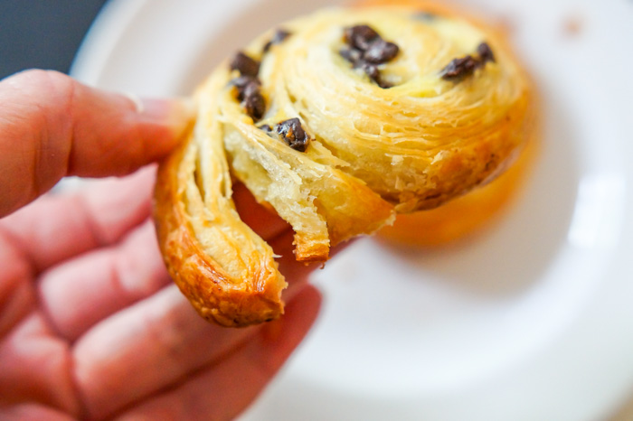 Trader Joe's Mini Croissant Swirls Chocolate Chip, flaky layers